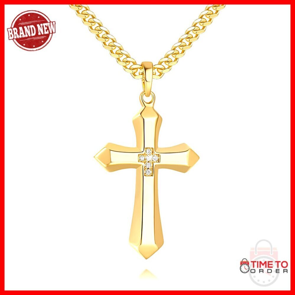 Men's 14K Gold Plated Cross Necklace with Cubic Zirconia and Cuban Chain